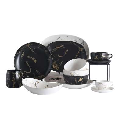 modern unique marble design nordic style ceramic color glaze with gold design porcelain dinnerware set for hotel and home