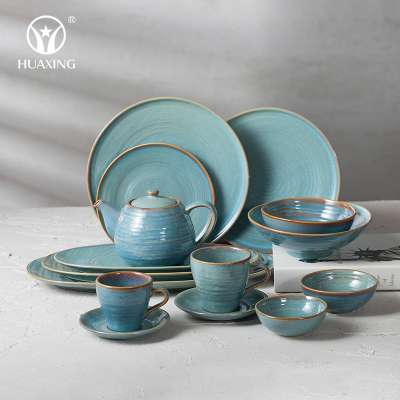 Creative crockery bronze retro ceramic plate sets dinnerware fine restaurant porcelain dinner plates with circle design