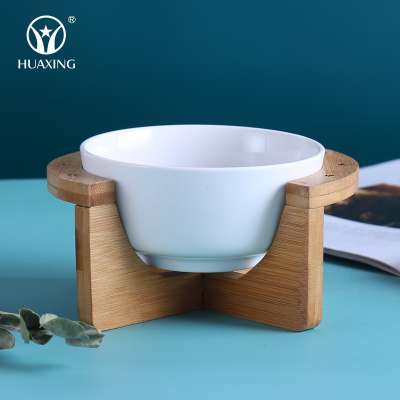 Wholesale custom logo ceramic round pet bowl for dog cat pet food water bowl container with bamboo shelf