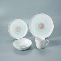 New fancy white with colorful circle line ceramic porcelain 4pcs glaze home kitchen party tableware plates dinnerware set