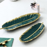 European gold-plated porcelain Feather japanese banana dark green ceramic leaf plate