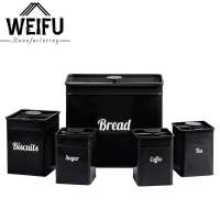 Kitchen Storage Tins Traditional Black 5 Piece Sugar Coffee Tea Bread Bin Biscuit Tin