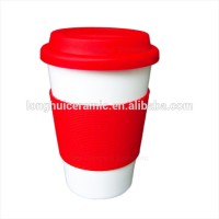 380ml single wall ceramic custom coffee mug with silicone lid and band grip